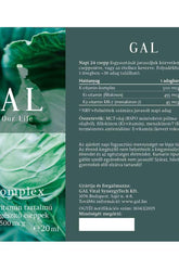 GAL K-complex 20 ml supplement label showcasing vitamins and nutrients for energy and immune support.